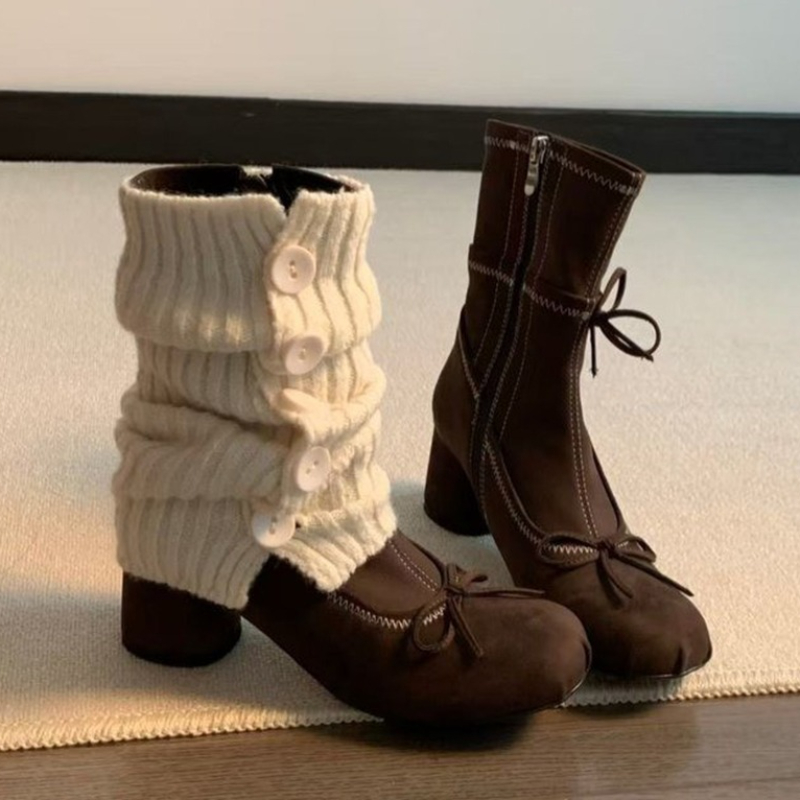 Winter Clothing Clearance Sale - รองเท้าบูทส้นสูงแบบผูกโบว์สำหรับผู้หญิง รองเท้าแมรี่เจนแบบใหม่ ฤดูหนาว 2025 รองเท้าบูทเชลซีหนังกลับดีไซน์เนอร์ ส้นหนา