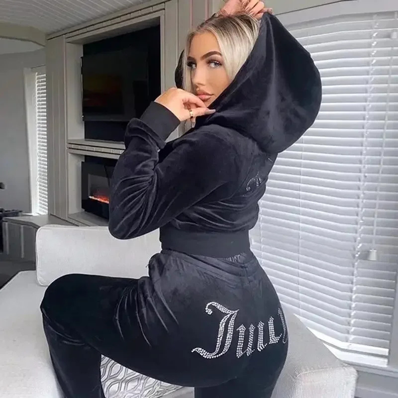 Winter Clothing Clearance Sale - 2025 ใหม่ฤดูหนาว Juicy Coutoure ผู้หญิงกํามะหยี่เพชรแขนยาวกางเกง Hoodie