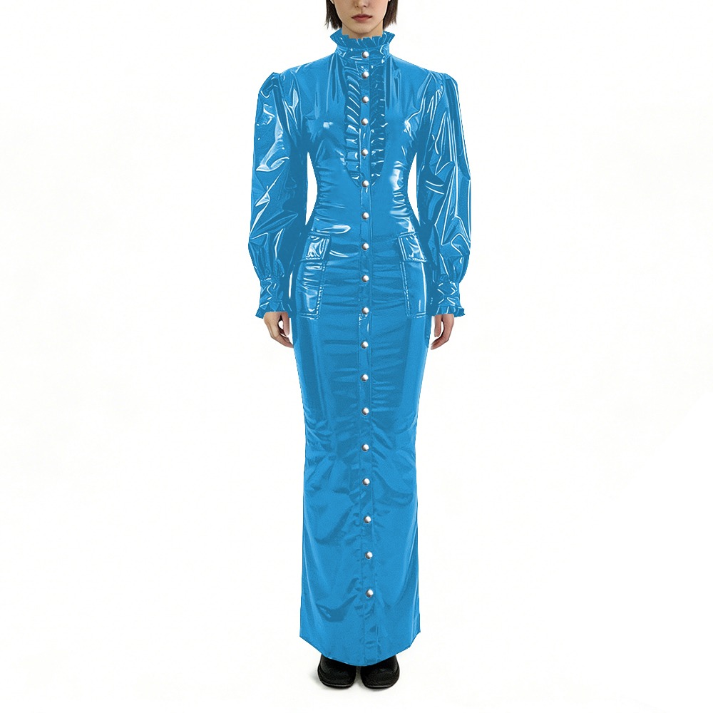 Winter Clothing Plus Size - ชุดเดรสยาวทรงดินสอ PVC เงา ไซส์ใหญ่ เสื้อผ้าผู้หญิง แขนยาวพอง