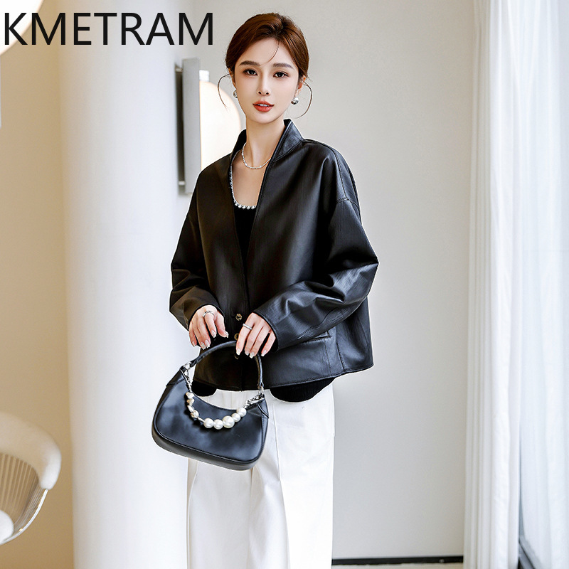 Winter Clothing Layers - KMETRAM ของแท้เสื้อแจ็คเก็ตหนังแกะชั้นบนสุดผู้หญิงคอวีเสื้อโค้ทสั้นแฟชั่นหลวมแจ็คเก็ต 2026 ฤดูใบไม้ร่วงเสื้อผ้าผู้หญิงคาซาโก