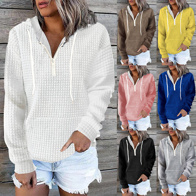 Winter Clothing Plus Size - เสื้อผ้าผู้หญิงขนาดบวกHoodiesสบายๆสวมใส่ผู้หญิงซิปHoodedกระเป๋าสีทึบวาฟเฟิลตารางHoodiesแขนยาว