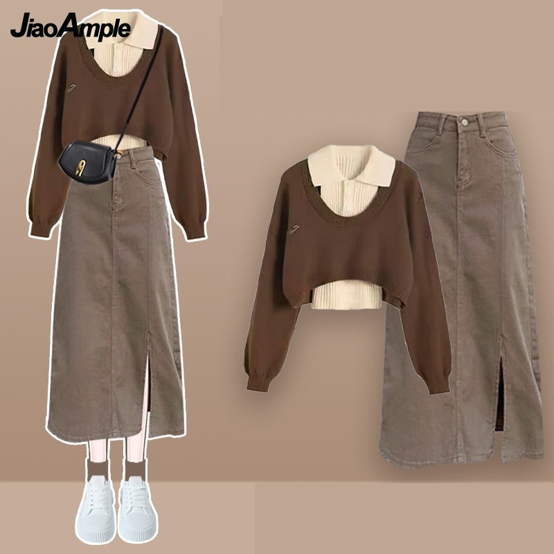 Winter Clothing Kit - ผู้หญิงฤดูใบไม้ผลิฤดูใบไม้ร่วงใหม่VINTAGEถักเสื้อกันหนาว + เสื้อกั๊ก + DENIM Midiกระโปรงชุด