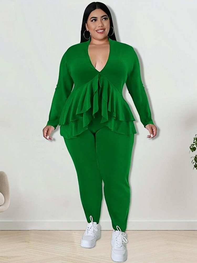 Winter Clothing Plus Size - Plus ขนาดเสื้อผ้าผู้หญิง Chic และกางเกงหรูชุด2ชิ้นชุดเสื้อ Ruffle Blazer