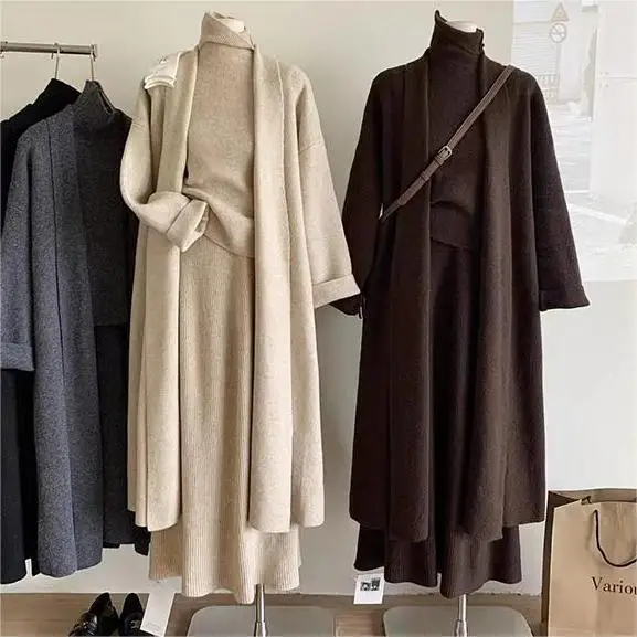 Winter Clothing Kit - สามชิ้นชุดผู้หญิงยาวเสื้อกันหนาว 2025 ชุดจัมเปอร์ถักฤดูใบไม้ผลิฤดูใบไม้ร่วงฤดูหนาวถักเสื้อสเวตเตอร์ถัก Y2k กระโปรงเอวสูง
