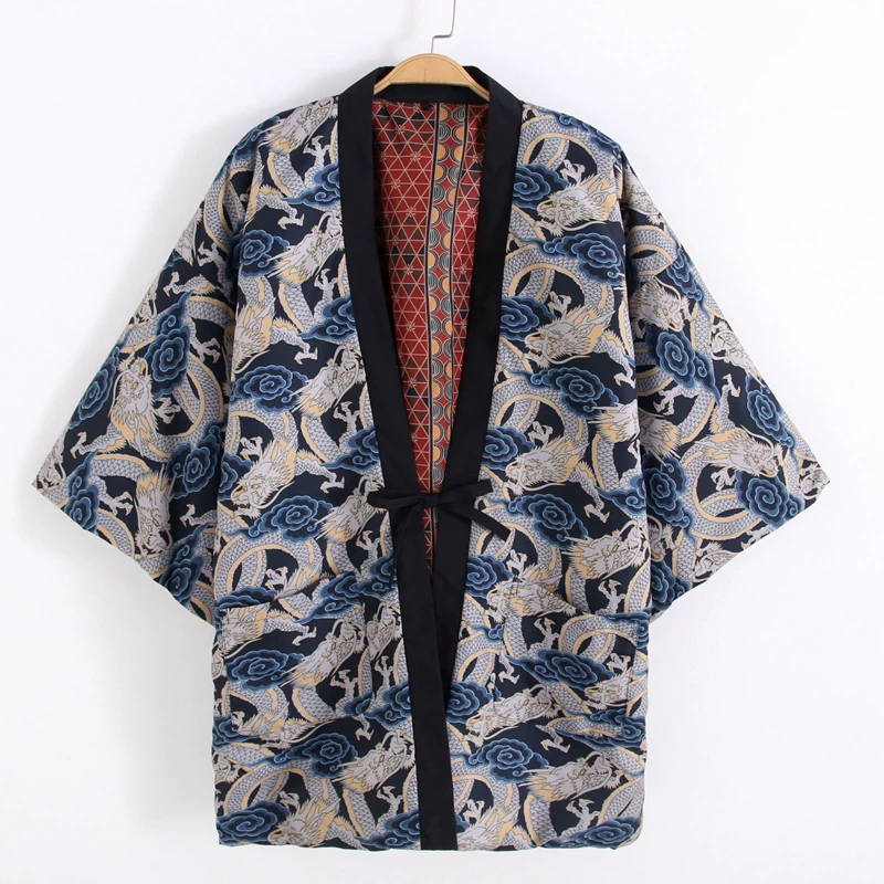 Traditional Winter Japanese Clothing - เสื้อโค้ทฮันเท็นลายมังกรญี่ปุ่นสำหรับฤดูใบไม้ร่วงและฤดูหนาว ชุดกิโมโนผู้ชายผู้หญิง สไตล์ฮาราจูกุ ทรงหลวม น้ำหนักเบา เสื้อยูกาตะแบบสองด้าน