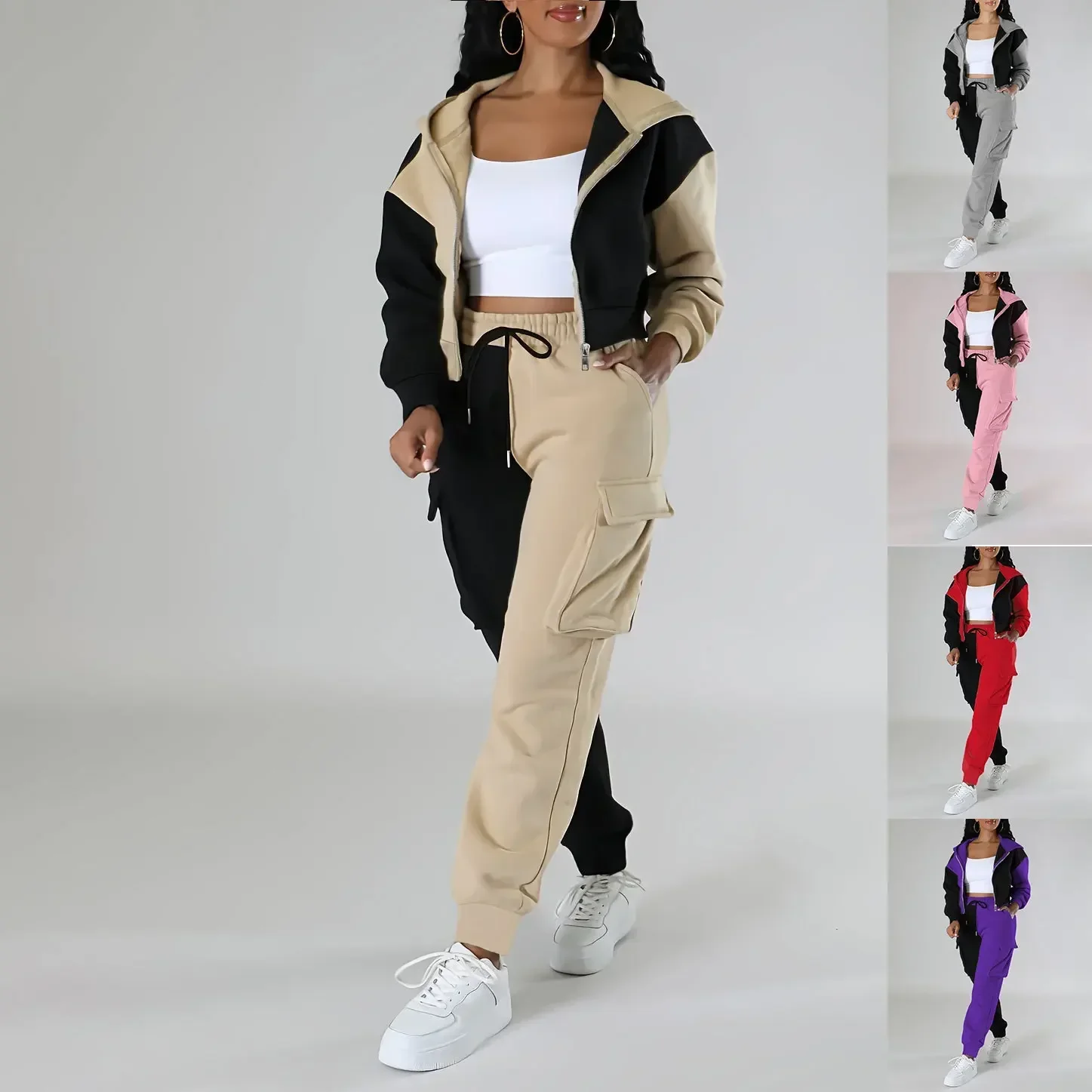 Winter Clothing Kit - ผู้หญิงหลวมฤดูใบไม้ร่วงฤดูหนาว 2 ชิ้นชุดการจับคู่ชุดHoodie Blocked Zipperสั้นOuterwear Drawstring