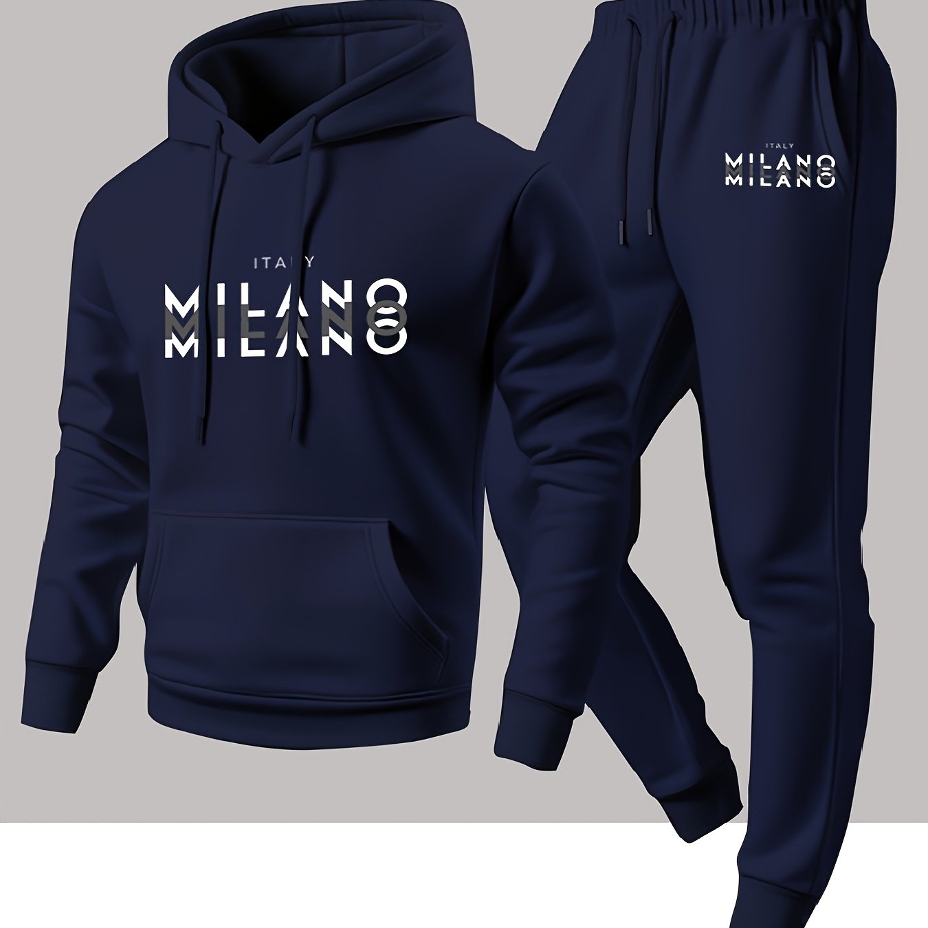 Winter Clothing Kit - ชุดเสื้อฮู้ดลายตัวอักษรแบบอิตาเลียนมิลานและกางเกงกีฬาลำลองสำหรับผู้ชาย ชุดเสื้อผ้าผู้ชายสไตล์ทันสมัย