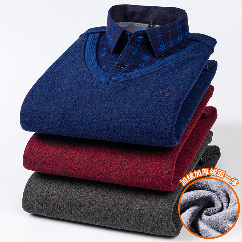 Winter Clothing Layers - เสื้อเชิ้ตผู้ชายแบบถัก คอปก ทรงหลวม สไตล์ลำลอง ซับในขนแกะหนานุ่ม ให้ความอบอุ่น