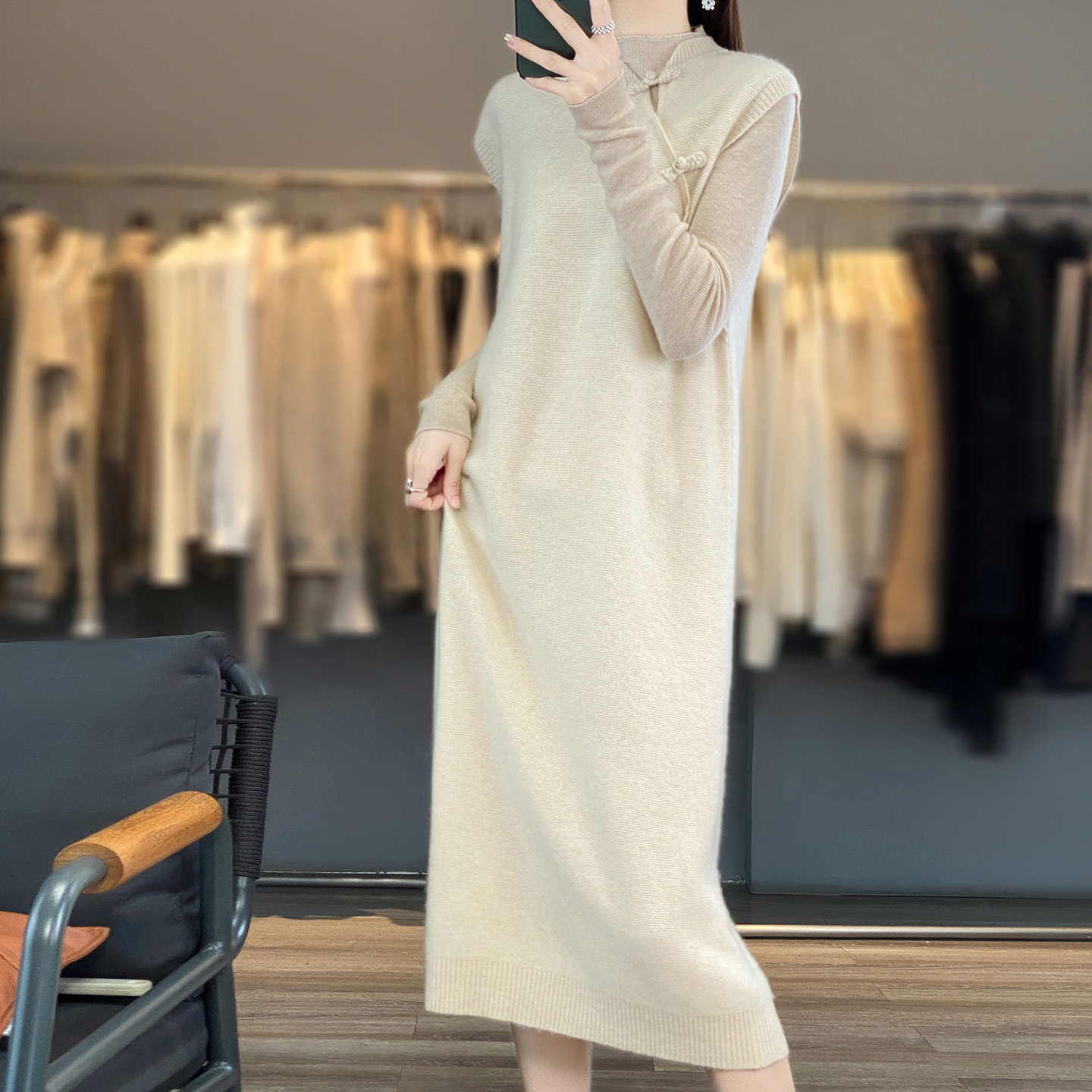 Winter Clothing Layers - เสื้อสเวตเตอร์ไหมพรมแท้ 100% สำหรับผู้หญิง แขนกุด คอสูงปานกลาง ทรงหลวม